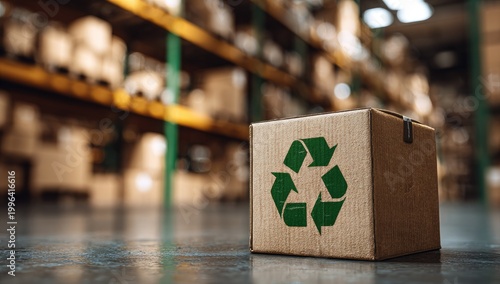 A cardboard box with a prominent recycling symbol sits on a concrete floor in a blurred warehouse setting, emphasizing sustainability and logistics.
