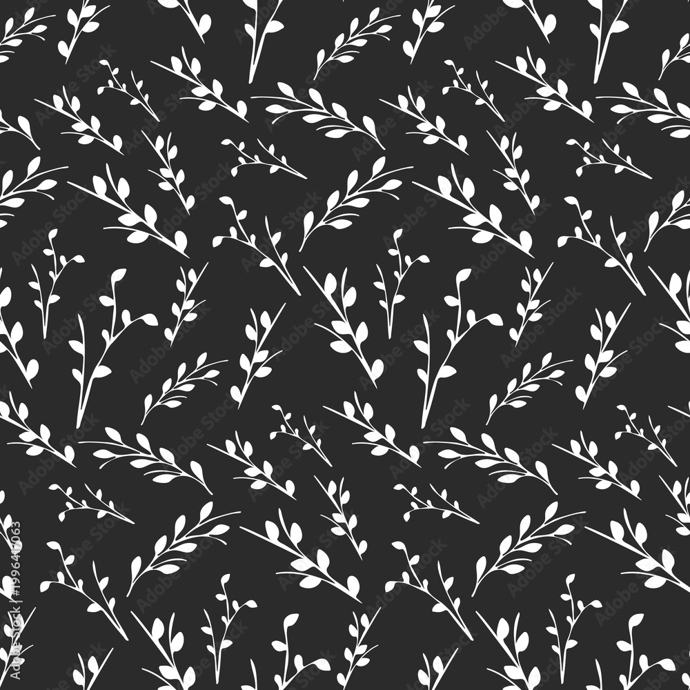 Naklejka premium A beautiful and elegant seamless floral pattern features delicate white branches with small leaves or buds.