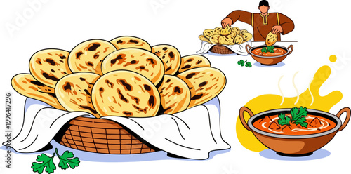 Traditional Indian Naan bread in wicker basket, spicy butter chicken curry in kadai bowl, flatbread with dipping sauce and chef character vector illustration