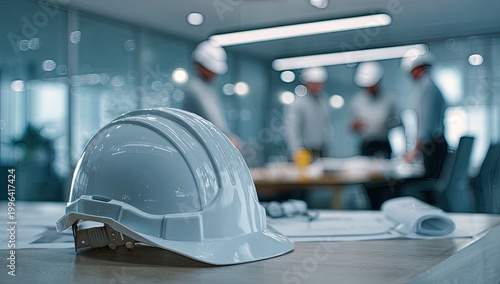 A close-up shot showcases a white hard hat resting on a wooden table in a modern office setting, with blurred figures in the background suggesting a construction or engineering project.