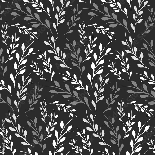Seamless repeating pattern features delicate branches with multiple leaves in shades of white and gray. The foliage stands out against a dark black background, creating an elegant monochrome design.