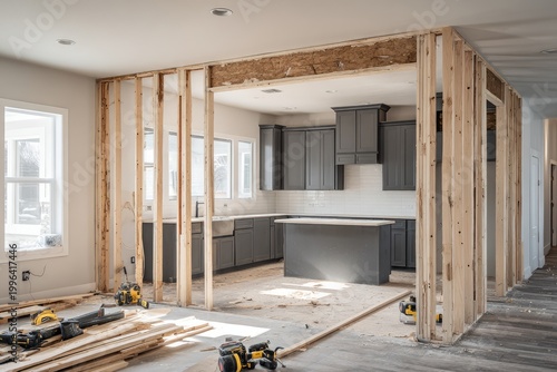 Interior home renovation in progress showing kitchen and living area framing.