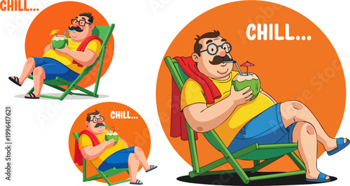 Cartoon man relaxing on beach chair with coconut drink, chill summer vacation character vector, middle aged man on tropical holiday, orange sun background