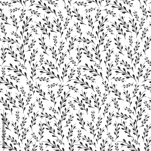 An elegant seamless pattern presents countless small black leaves on thin branches against a clean white backdrop. This delicate floral design forms a repeating botanical texture.