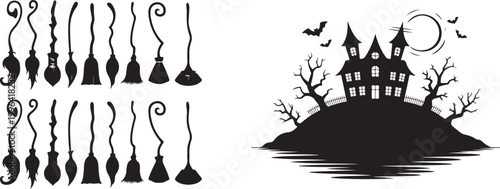 Spooky halloween elements featuring magic witch broomsticks and a haunted mansion silhouette on a hill