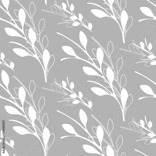 A seamless floral pattern features delicate white leaves and branches arranged organically on a soft grey background.