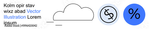 Finance, cloud storage, calculation tools, economics, business analytics, digital savings. Icons a cloud, dollar symbol and percentage sign. Finance and cloud storage visualization