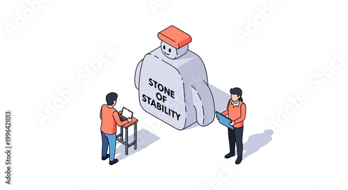 Isometric illustration of people interacting with the stone of stability.