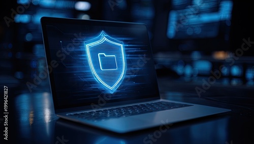 Digital Security Shield Protecting Data on Laptop Screen.