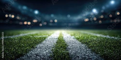 A dramatic, low-angle view of a vibrant green football field under bright stadium lights, emphasizing the central white lines and creating a sense of anticipation for an upcoming game.