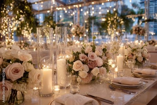Elegant Wedding Reception Table Setting with Romantic Floral Arrangements and Candles.