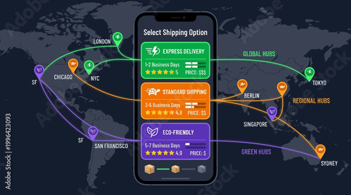 Mobile app visualizing global shipping options express, standard, eco-friendly delivery routes connecting international logistics hubs on a world map