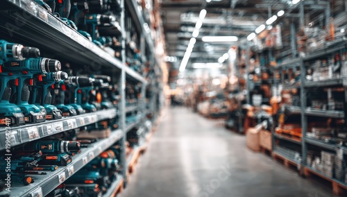 Rows of power tools fill the shelves of a large hardware store, creating a sense of abundance and choice.