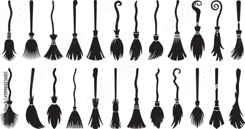 Collection of twenty various witch broomstick silhouettes for magical and mysterious halloween themed party decoration design elements