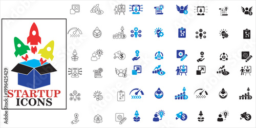 startup icon set, concept, funding, investor, launch, startup and more. simple complete vector