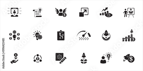 startup icon set, idea, concept, funding, investor, pitch, startup and more. simple solid vector