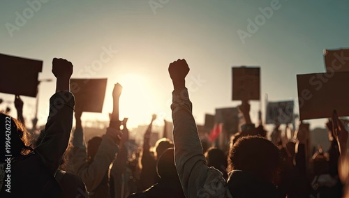 Crowd of people raising fists and signs at sunset protest.