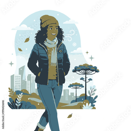 A woman enjoying a leisurely walk in a winter setting, with trees and buildings in the background