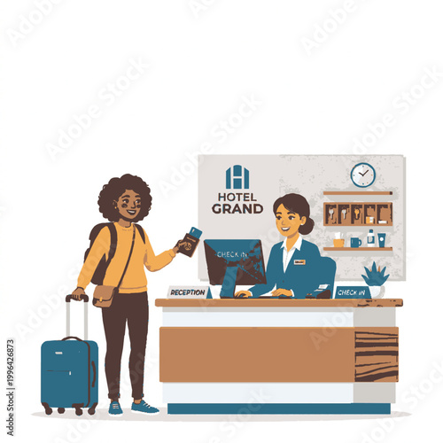 A guest checking in at a hotel reception, ready for a pleasant stay. The front desk staff is smiling, ensuring a welcoming arrival