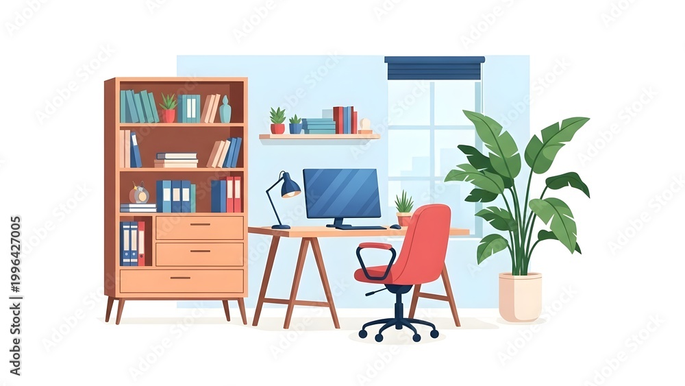 Fototapeta premium Modern Home Office Setup with Bookshelf and Computer.