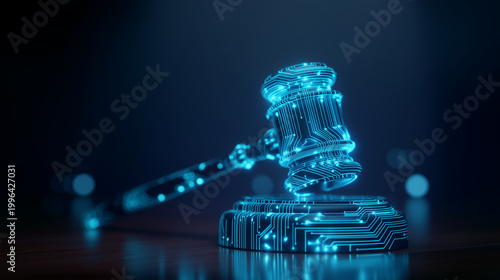 Judge gavel with glowing AI circuit pattern on dark legal platform, artificial intelligence regulation concept, digital law, governance, ethics, compliance and futuristic justice t