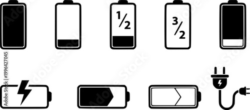 Battery icon set vector. battery charging symbol, battery charge level vector
