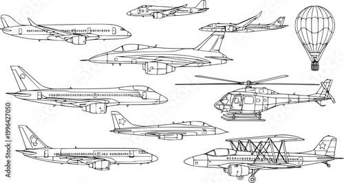 set of aircraft line art, black outline, vector and illustration, coloring book page line art drawing
