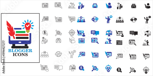 blogger icon set. creator content, influencer, vlogger, article, audience, branding and more. simple complete vector