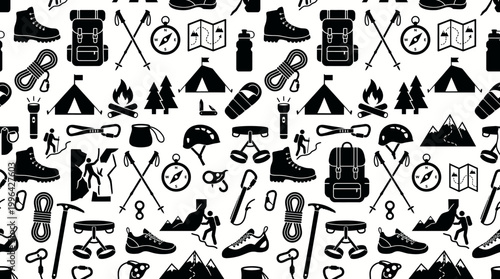 Seamless outdoor camping and adventure gear pattern with tents trees and mountains.
