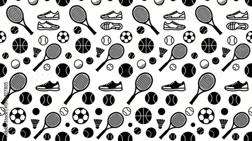 Abstract seamless pattern featuring tennis rackets, balls, and badminton equipment icons.