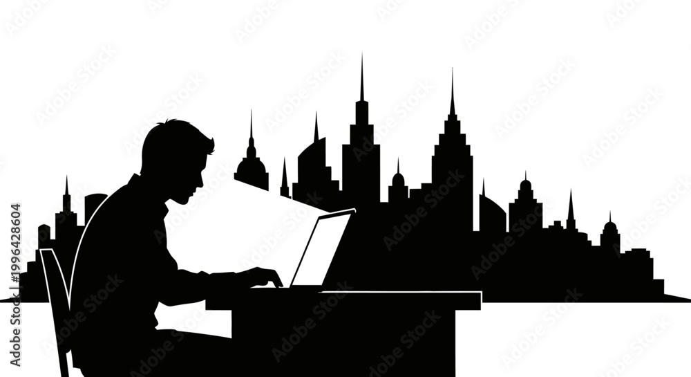Fototapeta premium Silhouette of a person working on a laptop at a desk with an urban city skyline in the background, representing modern work and technology.