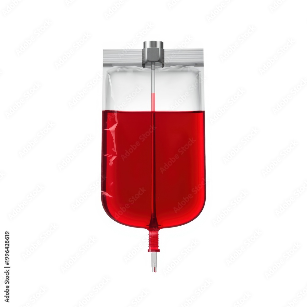 Obraz premium Medical iv drip bag filled with red isolated on white background, for hospital transfusion, and healthcare use