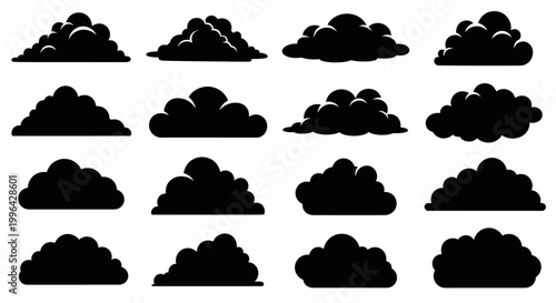 A collection of sixteen diverse black cloud silhouettes against a white background, showcasing various shapes and forms of cumulus and storm clouds.