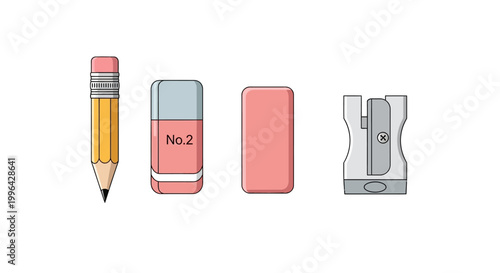 A collection of stationery items including a pencil, two erasers, and a pencil sharpener, arranged in a row against a white background.