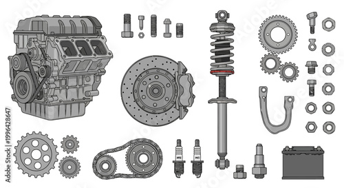A detailed illustration showcasing various automotive components, including an engine, brake system, suspension, gears, battery, and fasteners.