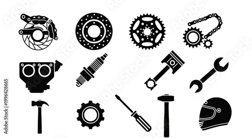 Collection of black and white icons depicting various car and motorcycle parts along with essential mechanic tools for repair and maintenance.