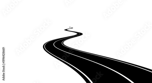 A winding black road with white markings curves into the distance on a stark white background, symbolizing journey or path.