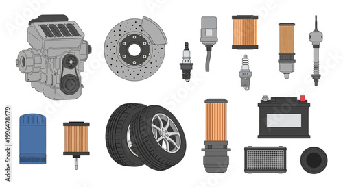A comprehensive collection of automotive parts and components, including an engine, tires, brakes, filters, spark plugs, and a car battery.
