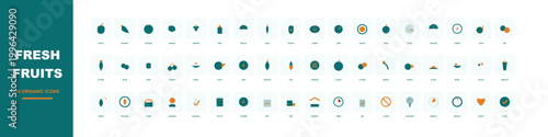 Fresh fruits icon set with 54 vector icons, minimalist flat fruit symbols for grocery and nutrition apps, teal and orange organic food graphics