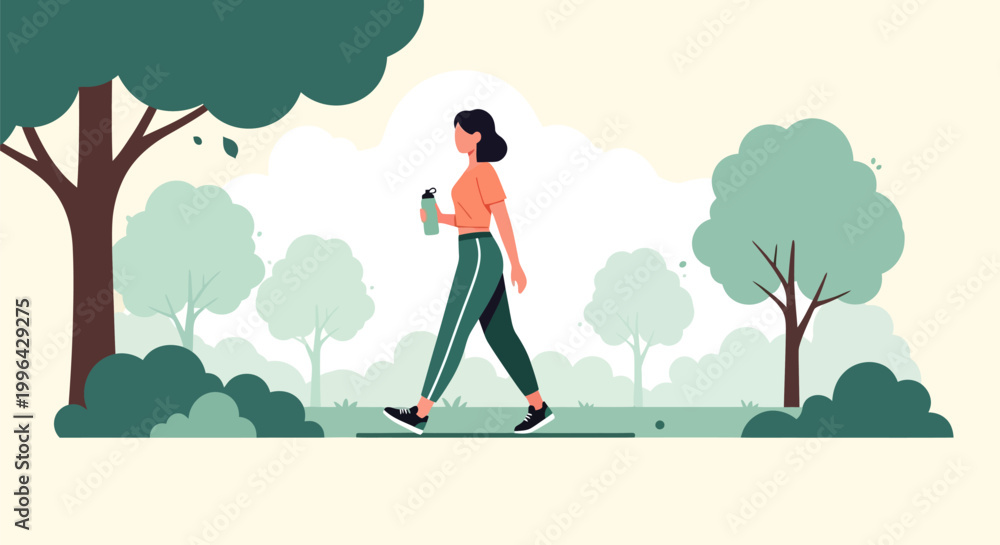 Fototapeta premium Young Woman Walking in a Public Park for Fitness and Wellness, Flat Vector Illustration of Healthy Active Lifestyle Outdoors