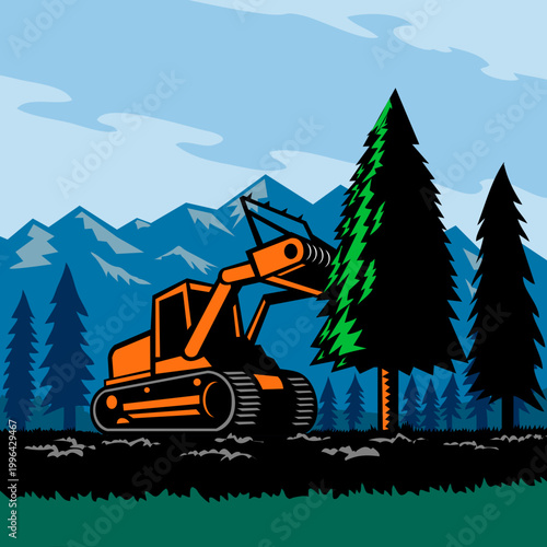 Billede på lærred Retro illustration of a tracked mulching tractor or forestry mulcher tearing down a pine tree with forest and mountains done in WPA style