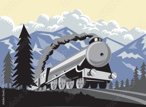 Retro Illustration of a steam train locomotive viewed from a low angle in the Rocky Mountains, Colorado, USA done in woodcut style.