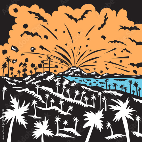 Illustration of a volcano erupting volcanic eruption resulting to island formation in the Pacific done in woodcut style.