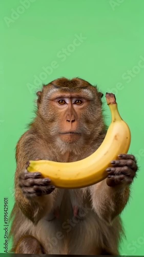 Monkey gives banana award on green screen
