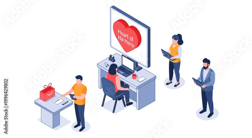 Isometric Illustration of People Working on Love and Charity Projects.