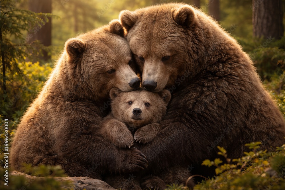 Obraz premium Bear family with cub embracing in forest. Grizzly parent animals showing affection and love to their baby. Wild creature portrait