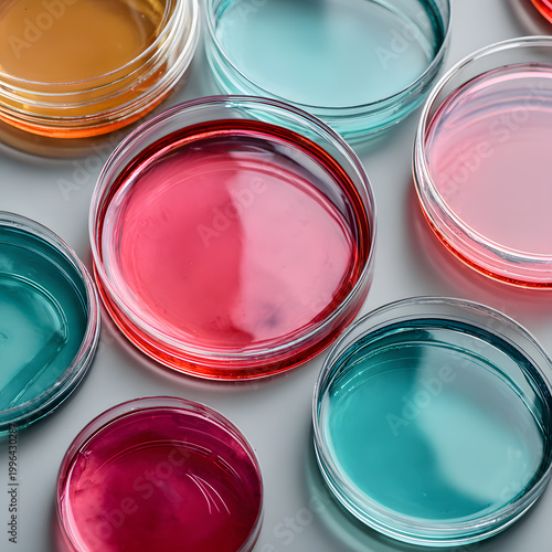 Colorful liquids in petri dishes, abstract laboratory background