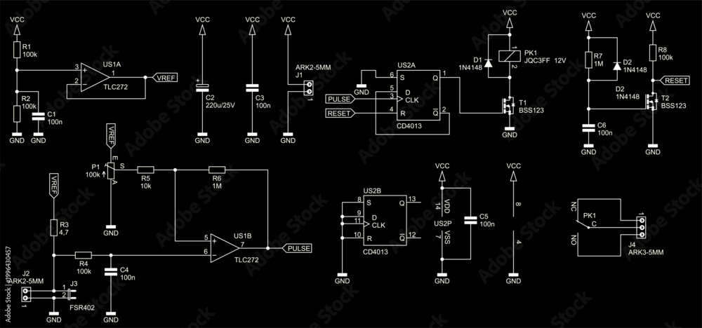 Fototapeta premium Schematic diagram of electronic device on paper sheet. Vector drawing electrical circuit with resistor, operational amplifier, connector, capacitor, relay, transistor, trigger chip, other components.