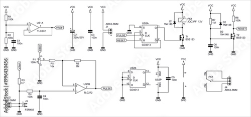 Schematic diagram of electronic device on paper sheet. Vector drawing electrical circuit with resistor, operational amplifier, connector, capacitor, relay, transistor, trigger chip, other components.