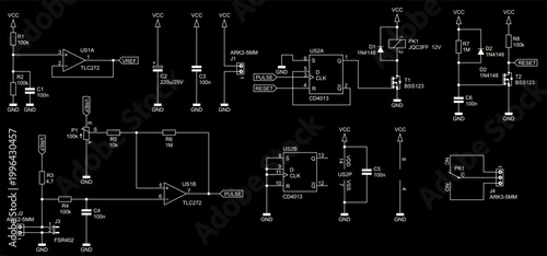 Schematic diagram of electronic device on paper sheet. Vector drawing electrical circuit with resistor, operational amplifier, connector, capacitor, relay, transistor, trigger chip, other components.